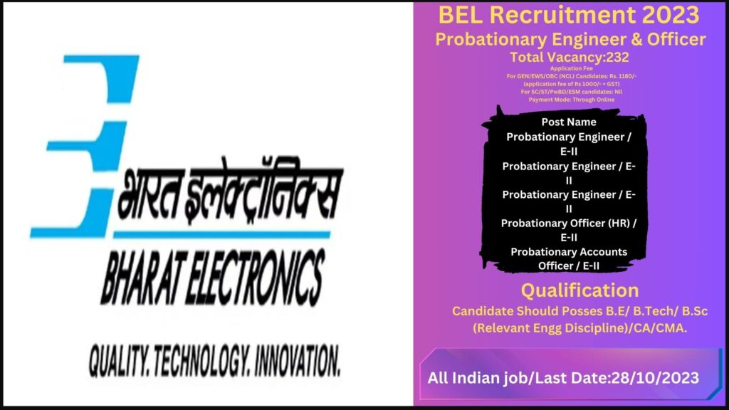 BEL Recruitment 2023–Best Probationary Engineer & Officer 232 Posts Apply Online
