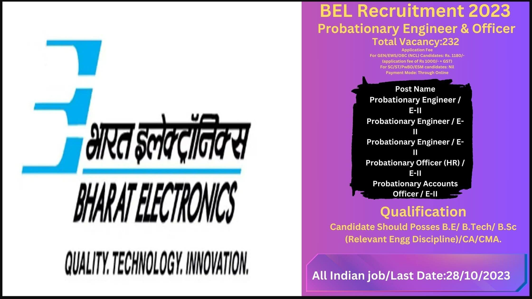BEL Recruitment 2023–Best Probationary Engineer & Officer 232 Posts Apply Online
