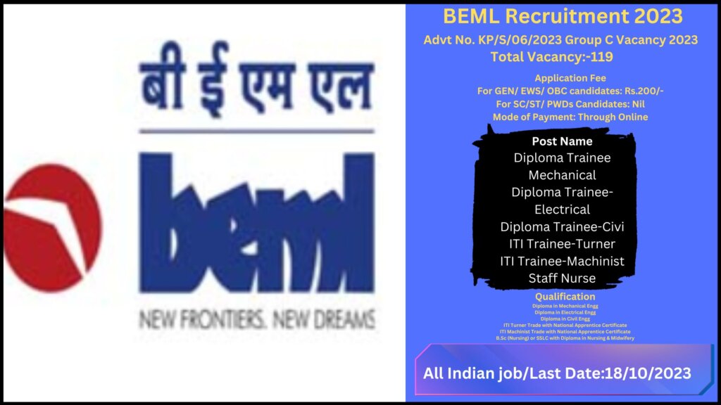 BEML Recruitment 2023 – For (Group C) 119 Posts Apply Online