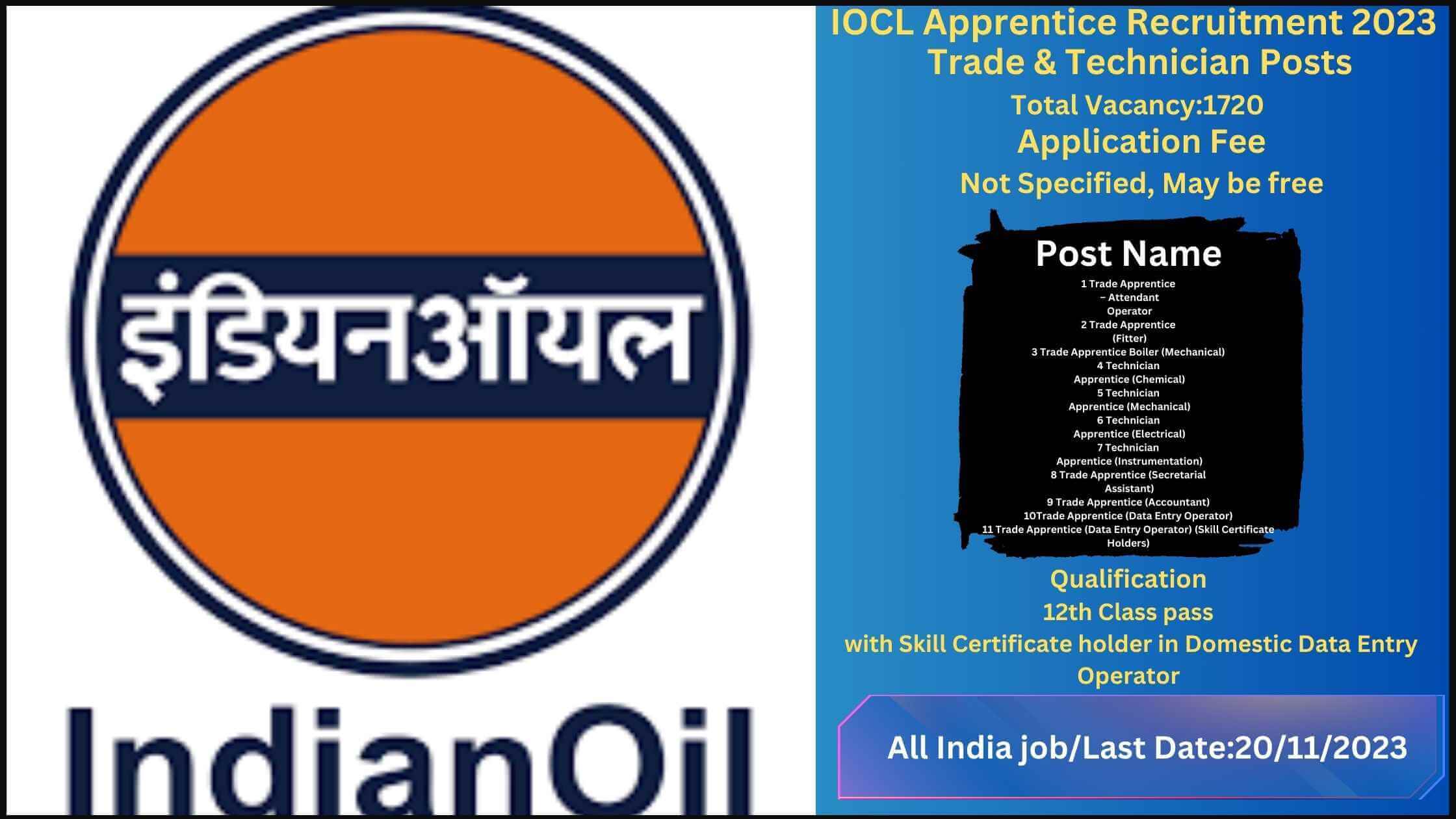 IOCL Apprentice Recruitment 2023 – Apply Online for Trade & Technician 1720 Posts