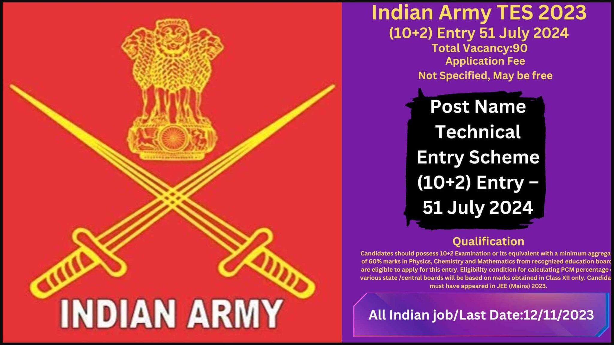 Indian Army TES 2023 – (10+2) Entry 51 July 2024 Best 90 Posts Apply Online