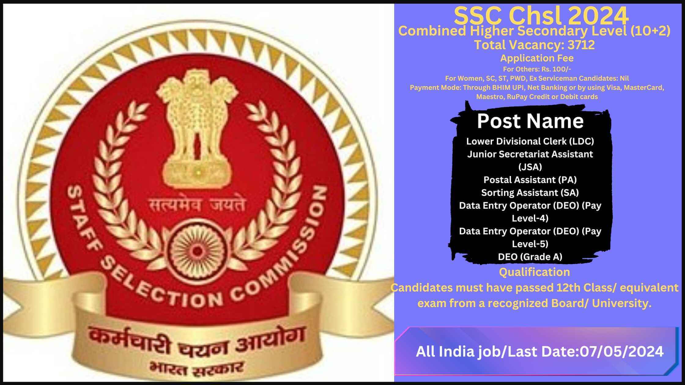 SSC Chsl 2024– SSC Chsl Notification Apply Online